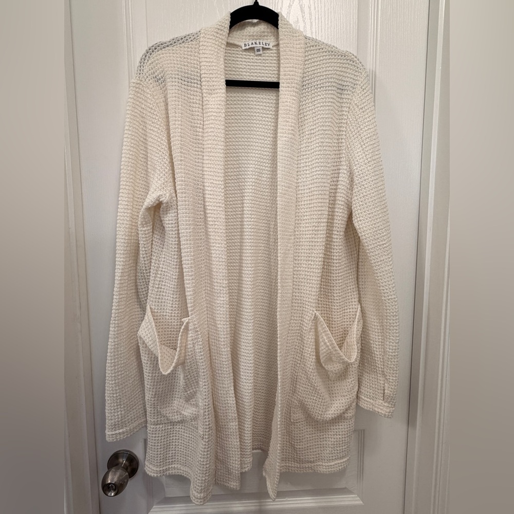 Blakeley Ivory Waffle Knit Open Front Cardigan Pockets OS